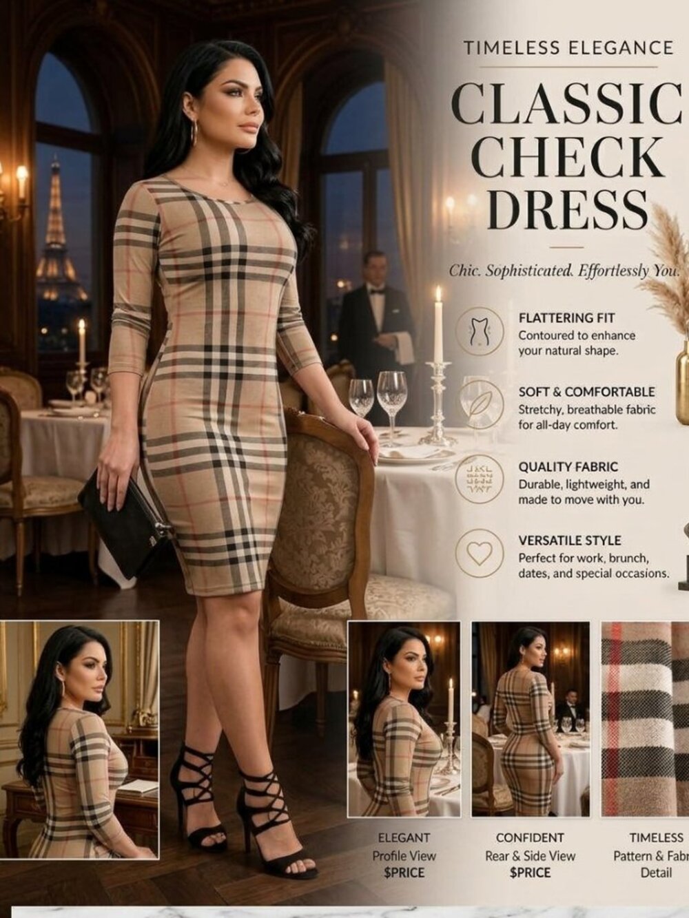 Plaid Bodycon Dress | Women's Stretch Midi Dress | Work, Church & Evening | M-XL